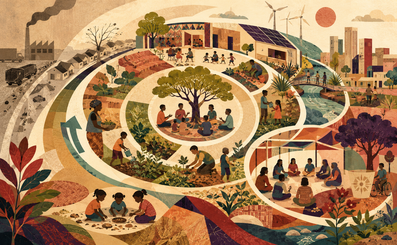 A warm modernist illustration showing a circular landscape of learning, care and ecological transition: communities gather under trees, children explore natural materials, people cultivate gardens, and schools, homes, renewable energy structures, watercourses and urban spaces are connected by broad looping paths, suggesting circular pedagogy as a relationship among education, territory, resources, culture and civic responsibility.