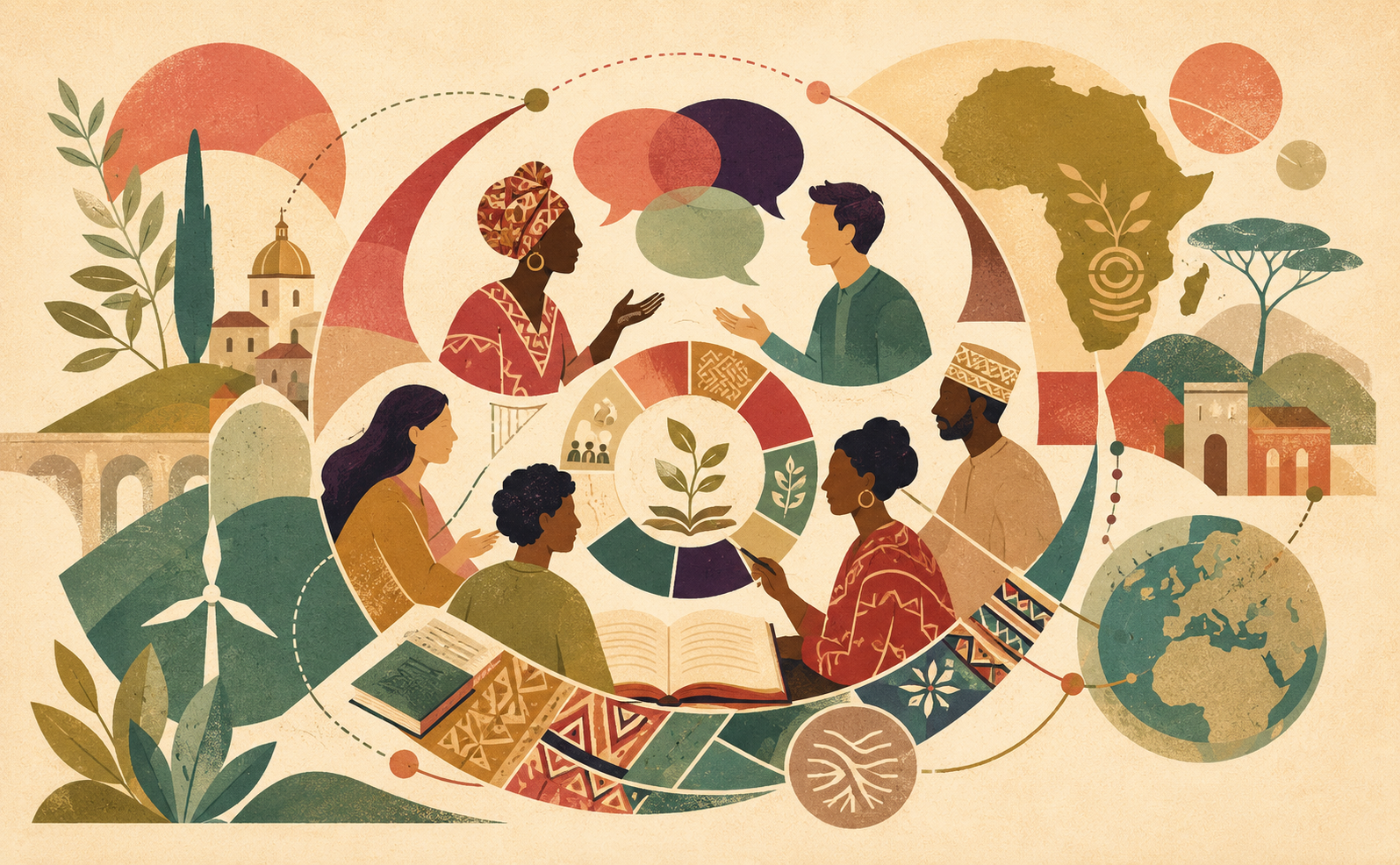 Circular eco-modernist illustration of diverse educators and learners in dialogue around a shared learning cycle, with books, plants, Europe–Africa motifs, and sustainability symbols.