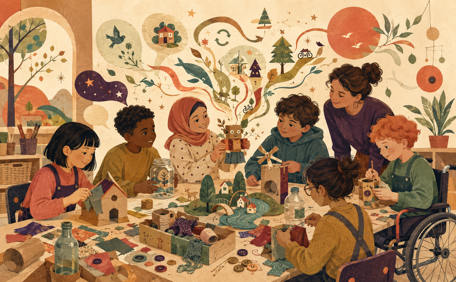 Diverse primary-school pupils and a teacher creating stories from reused objects in an inclusive classroom, with ecological symbols and circular-reuse imagery.
