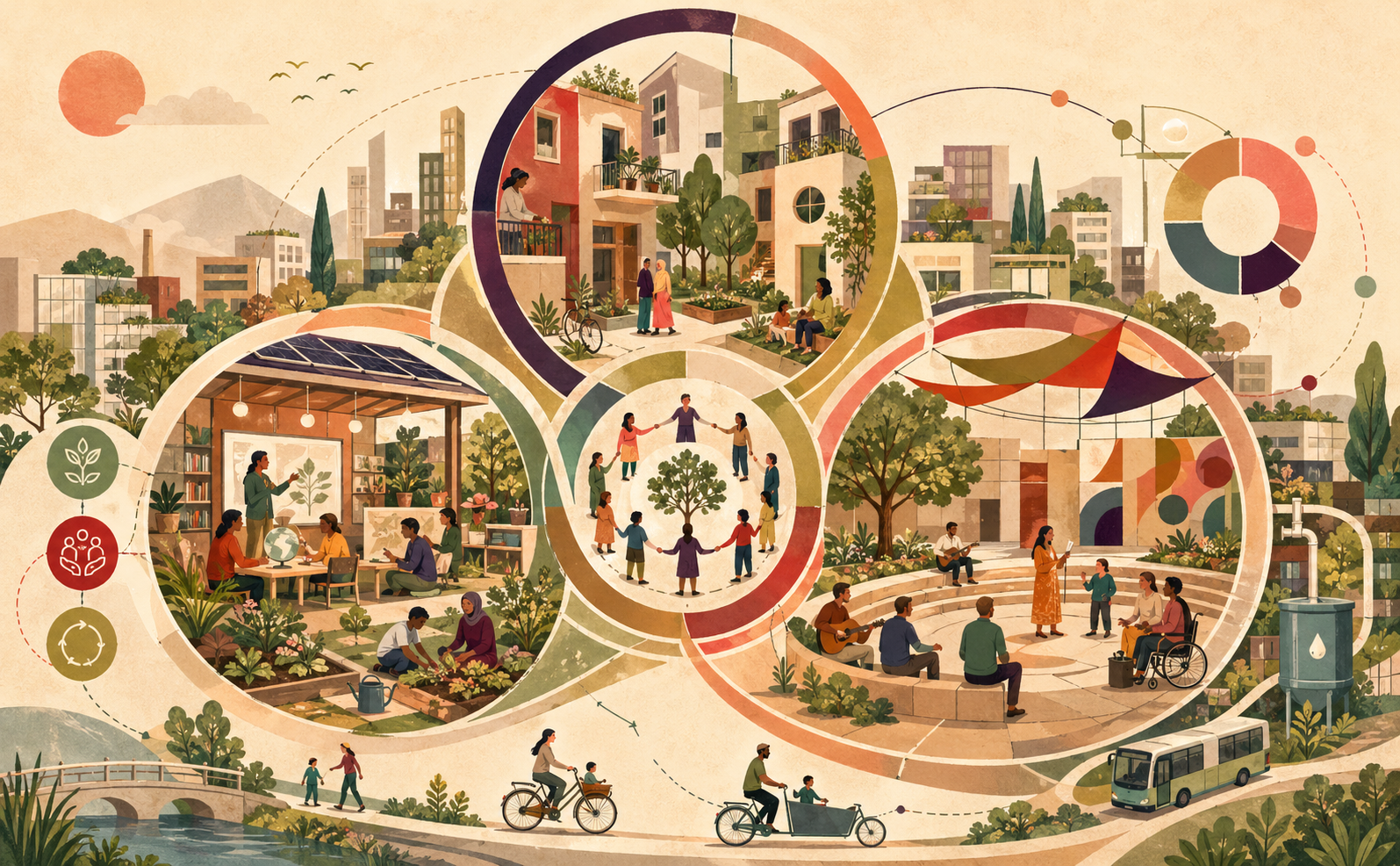 Illustration panoramique d’une ville durable et interculturelle, organisée autour de cercles reliés entre eux. On y voit des habitations végétalisées, un espace d’apprentissage, une place civique, des jardins, des vélos, un bus et des habitants qui échangent, apprennent et prennent soin de leur environnement.
