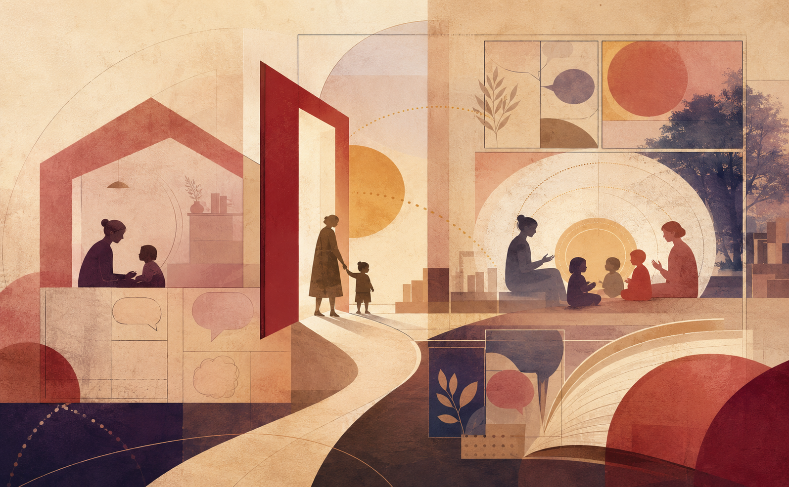 Abstract warm-toned illustration showing caregivers, educators, and young children moving through a symbolic doorway from home toward an early childhood education setting, surrounded by comic-style panels, speech-bubble forms, open-book shapes, and circular halos suggesting reflection, dialogue, and shared learning.