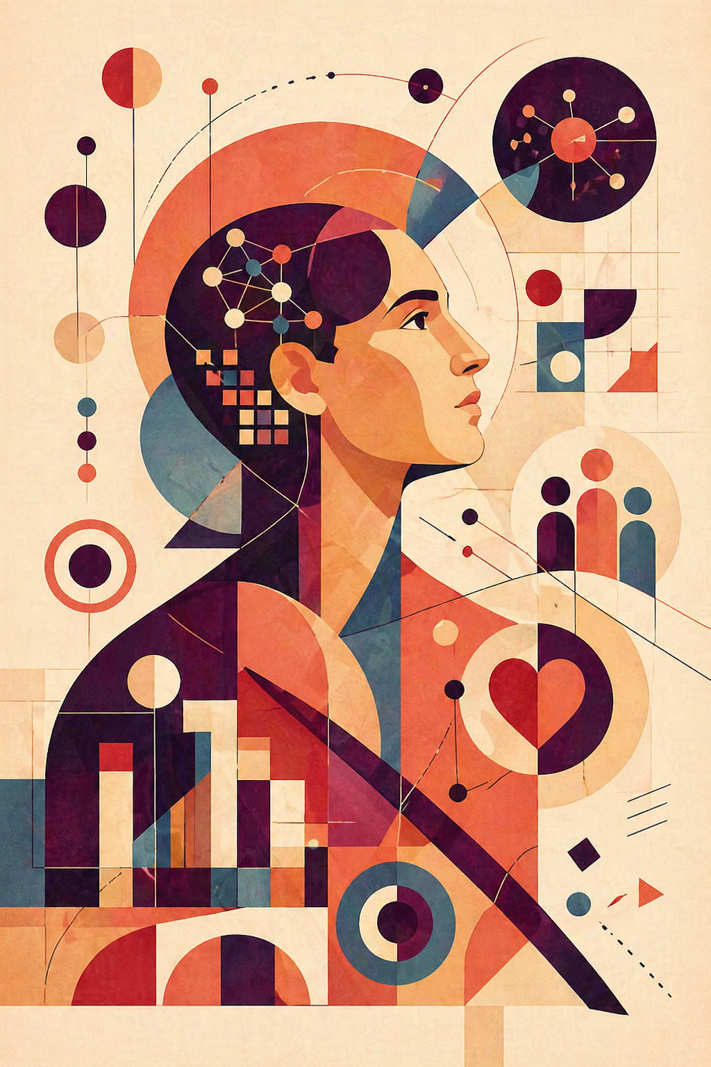 Abstract Bauhaus-style illustration of a thoughtful person in profile, surrounded by balanced geometric circles, lines, and symbols in cream, coral, crimson, deep purple, and teal, suggesting cognition, empathy, community, and hidden strengths.