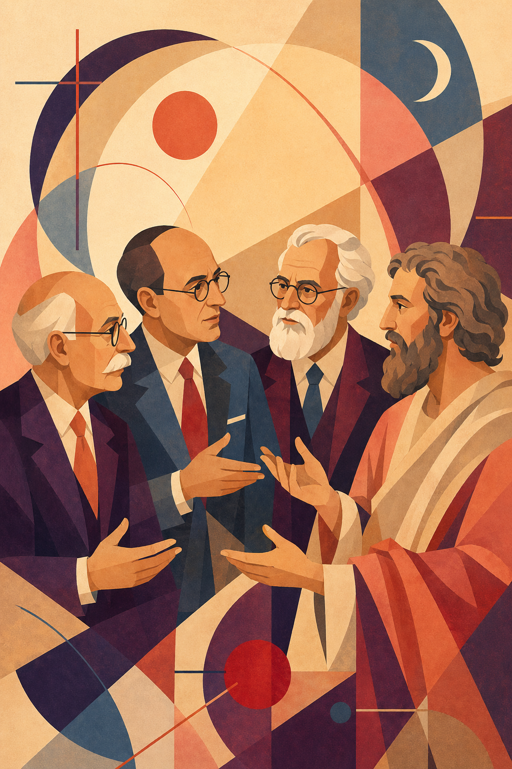 Quattro uomini in abiti formali e classici conversano in semicerchio, incorniciati da calde forme geometriche astratte, cerchi, archi e piani traslucidi.
