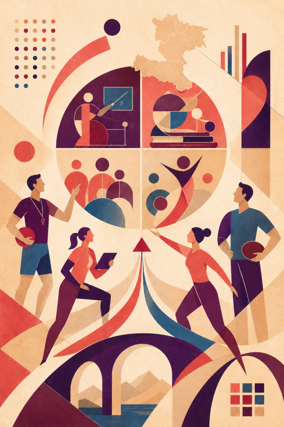 Warm modernist illustration with geometric figures of physical education teachers, abstract competency quadrants, research-like dots and bars, and a stylized map of North-Eastern Italy. Coral, cream, aubergine, crimson, and muted teal shapes suggest teaching, movement, comparison, and inclusive professional development.