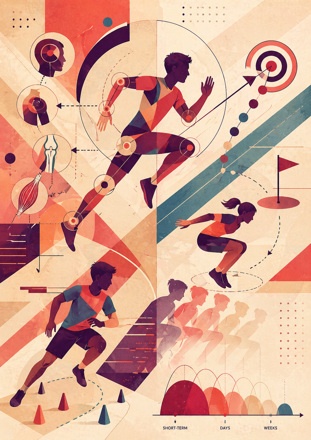 Portrait-format modernist illustration in a warm Bauhaus/Kandinsky-inspired palette showing adolescent athletes training through movement, focus, and retention. A central runner is surrounded by geometric circles, arrows, joint markers, body diagrams, targets, and motion paths, contrasting internal attentional focus on the body with external focus on goals and outcomes. Repeated fading athlete silhouettes and a small timeline labelled “SHORT-TERM”, “DAYS”, and “WEEKS” suggest learning retention over time.