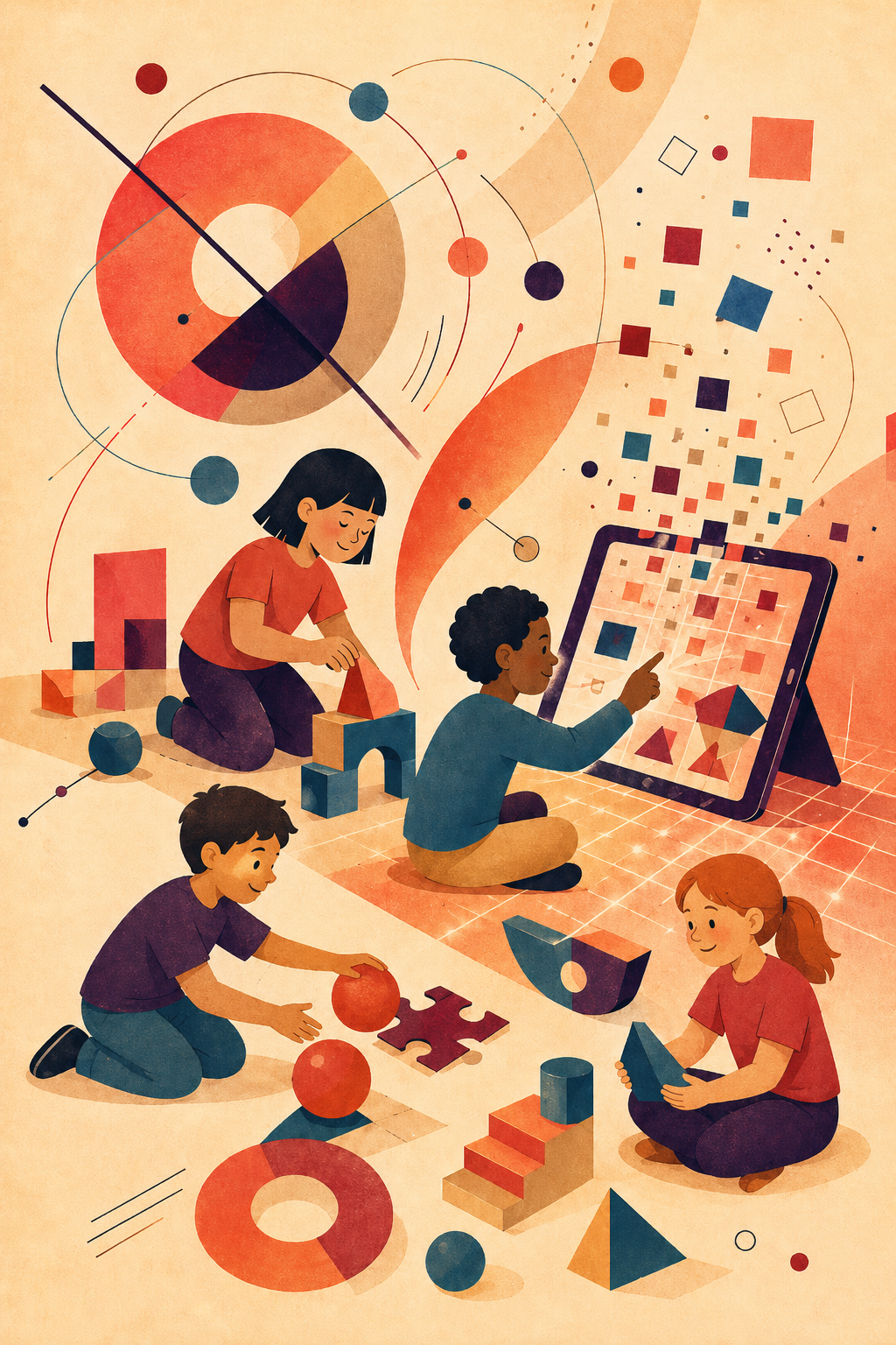 Warm modernist illustration of four children playing with geometric blocks, balls, puzzle pieces, and a tablet. Coral, cream, deep purple, and teal shapes connect physical and digital play through abstract Bauhaus-inspired circles, grids, arcs, and floating squares.