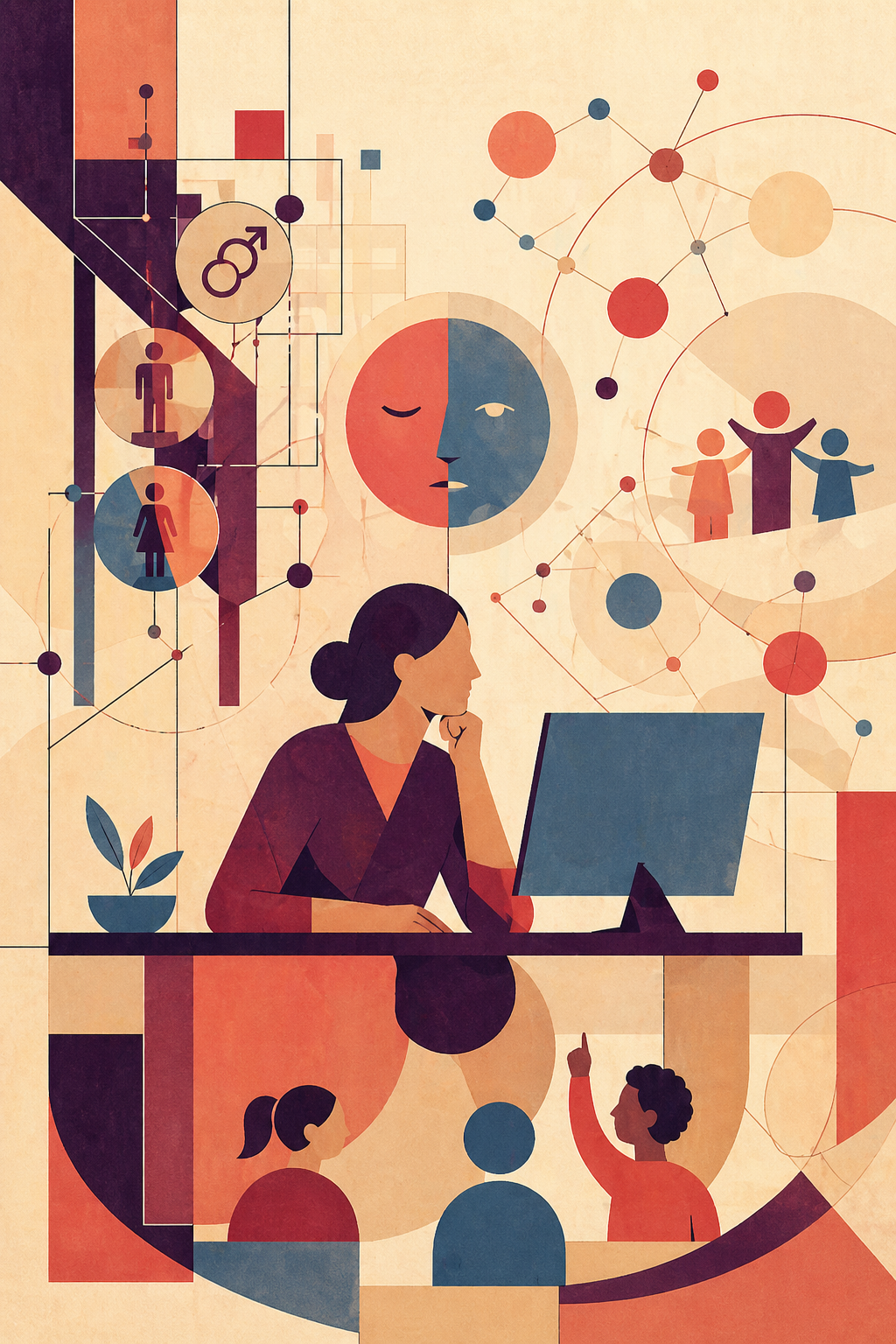 Warm modernist illustration of a future teacher seated behind a desk and facing a screen. Abstract geometric forms, connected nodes, gender symbols, and small student figures suggest reflection on technology, gender stereotypes, and inclusive education.