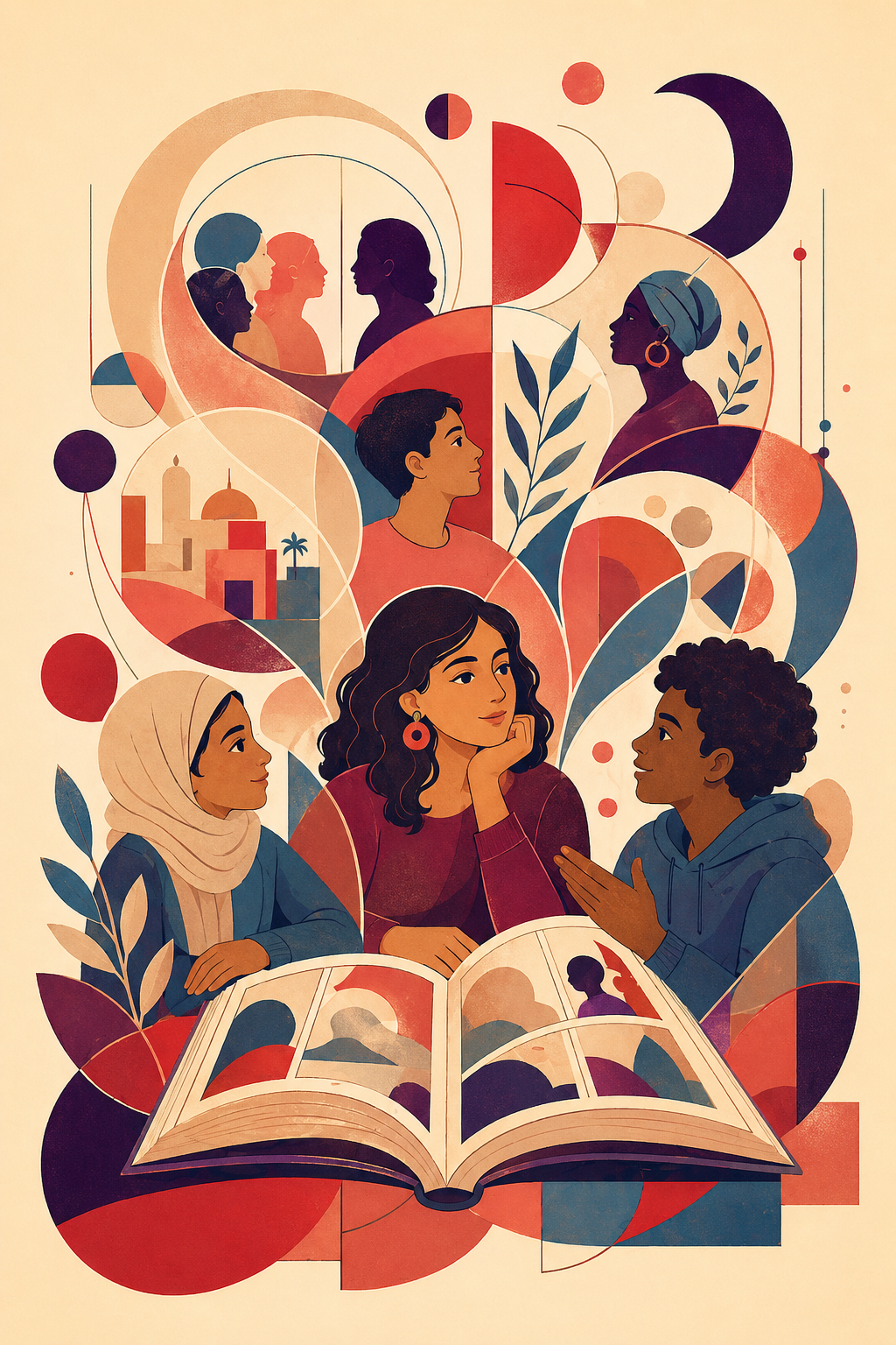 Warm modernist illustration of diverse young learners gathered around an open graphic novel. Abstract circles, arcs, plants, architectural forms, and profile silhouettes rise from the pages, suggesting intercultural dialogue, critical reflection, and transformative learning.