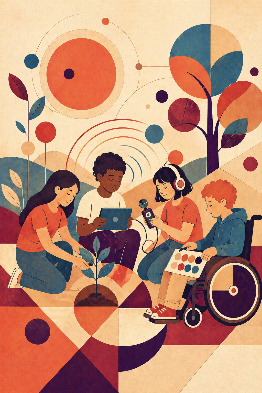 Warm modernist illustration of four students learning outdoors around a young plant, using a tablet, headphones, a sound recorder, and an adaptive interface. Geometric circles, leaves, sound-wave arcs, and tree forms suggest nature, music, technology, inclusion, and environmental awareness.