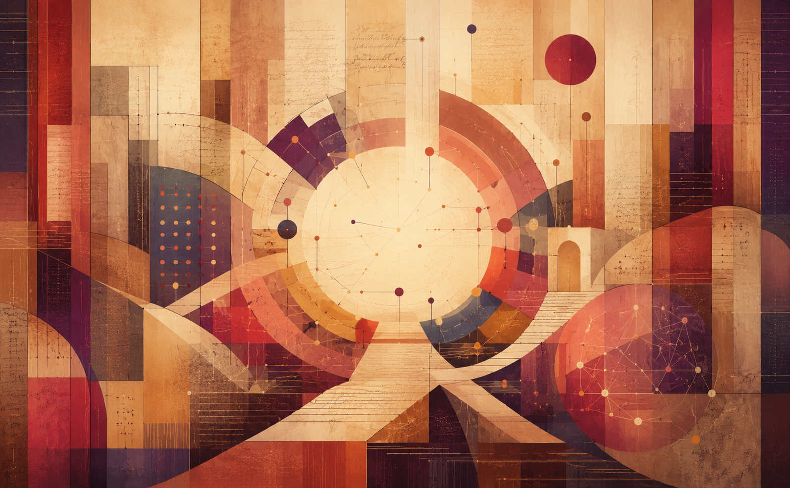 A warm abstract modernist image with a paper-like, archival texture. At the centre, a pale circular open space resembles a civic forum or shared arena. Around it, segmented arcs, bridges, vertical panels, and geometric blocks form a balanced architectural structure. Thin lines, small dots, and network-like connections suggest artificial intelligence, cooperation, and distributed decision-making. The vertical bands at the sides evoke book spines, shelves, or archival materials, giving the image a literary and scholarly atmosphere. The palette is dominated by cream, vellum beige, coral, crimson, deep aubergine, amber, dusty rose, walnut brown, and restrained dusk blue. The overall effect is contemplative and civic, representing AI not as a machine or individual intelligence, but as a collectively governed social and ethical system.