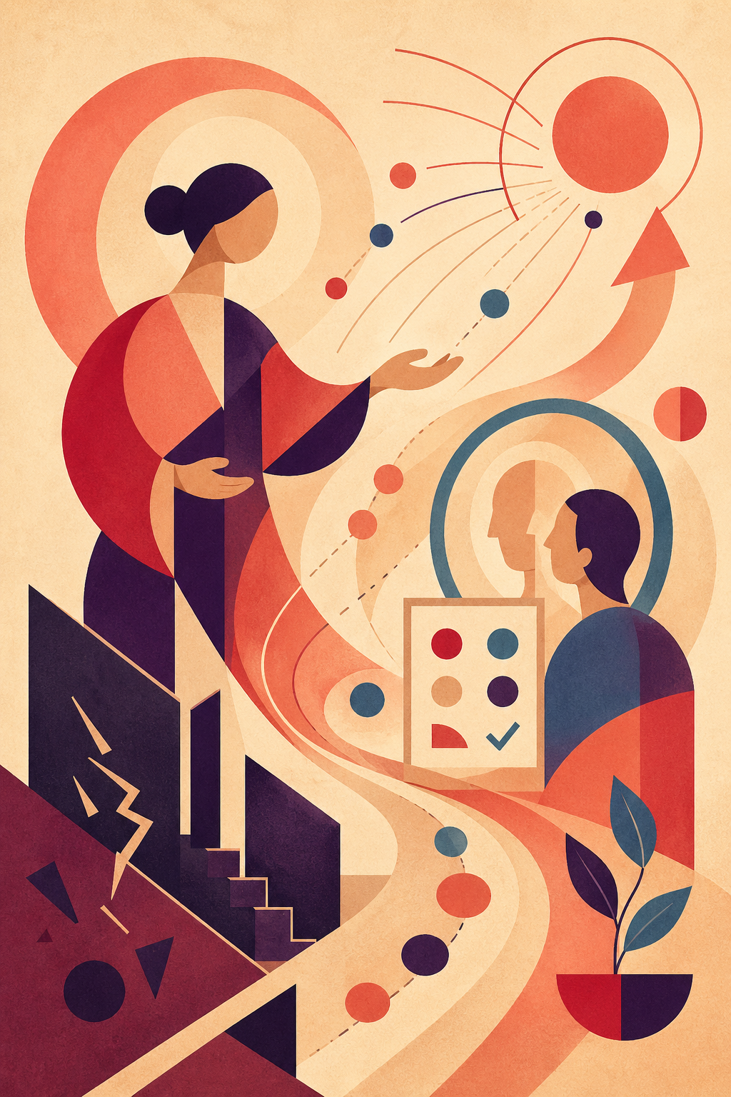 Abstract modernist illustration of a teacher guiding a learner through self-assessment, with circular paths, reflective profiles, assessment symbols, and growth motifs overcoming darker geometric barriers.