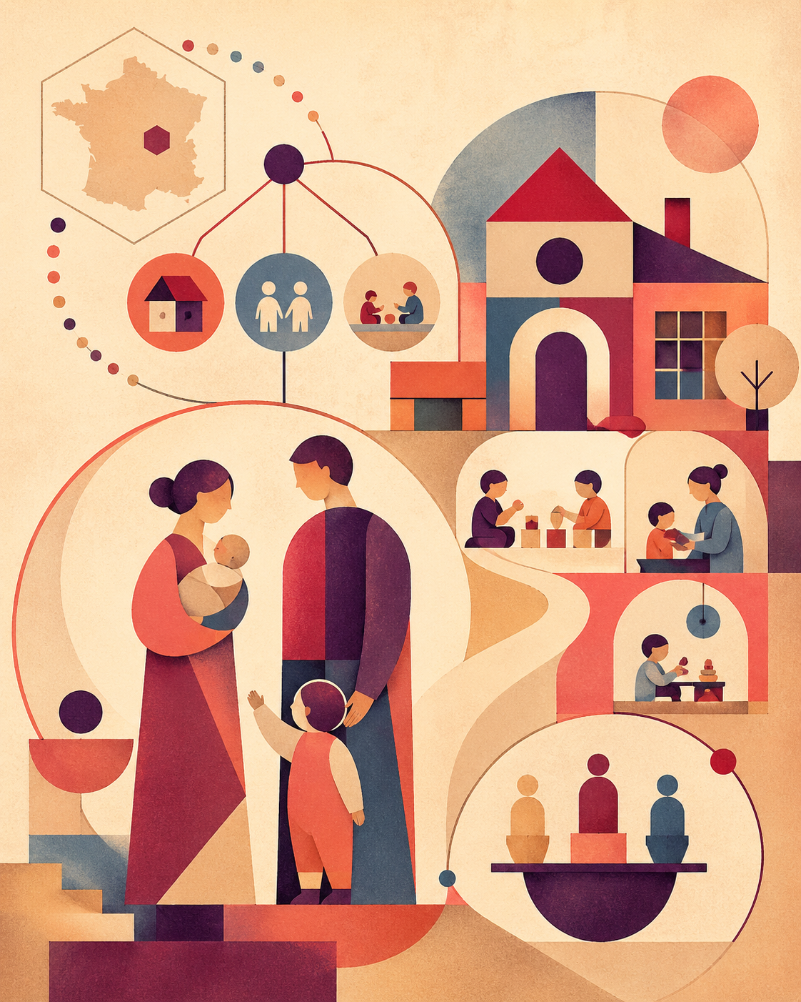 Warm modernist illustration in cream, coral, crimson, deep purple, and muted teal. A geometric family with young children is shown beside a stylised childcare centre, with connected circles, pathways, and balancing shapes suggesting parental choice, early education, social support, and inclusion in France.