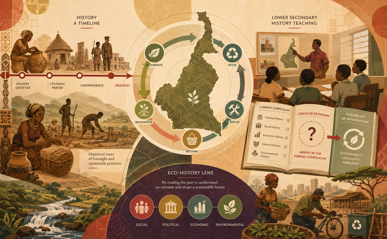 Modernist illustration of Cameroon linking history teaching, circular economy, and eco-history through a classroom scene, historical timeline, curriculum book, ecological symbols, and circular sustainability arrows.