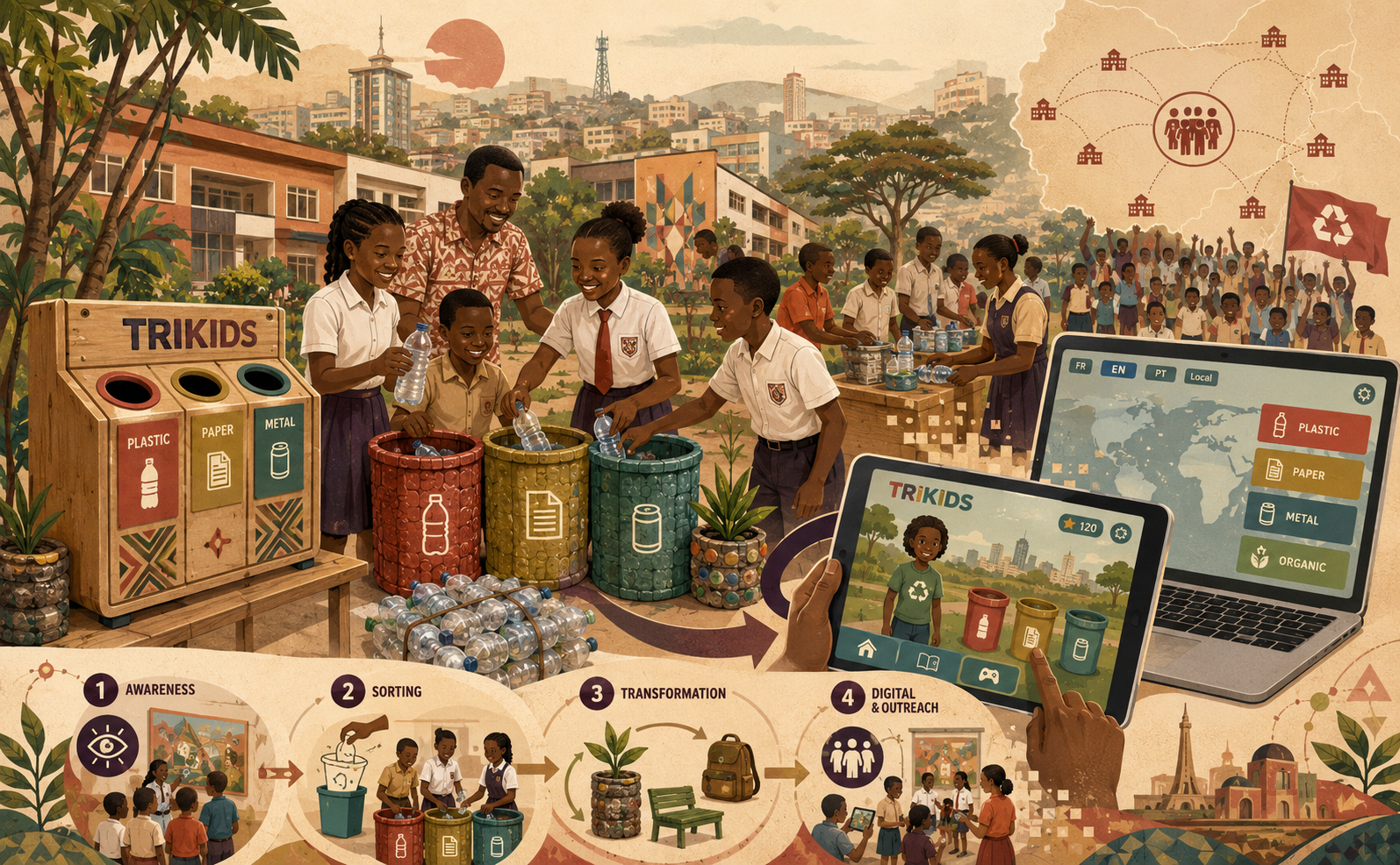 AI-generated illustration of Yaoundé schoolchildren and teachers using the TRIKIDS method to sort plastic bottles, create eco-friendly bins, and extend circular economy education through a digital learning game.