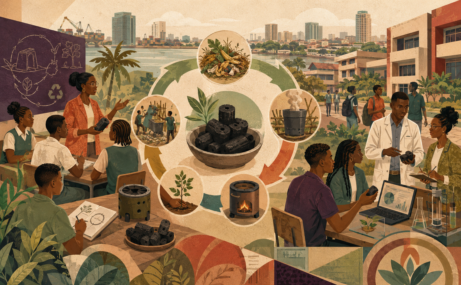 Students and educators in Douala exploring ecological charcoal as a circular-economy practice in classrooms, laboratories, and the community.