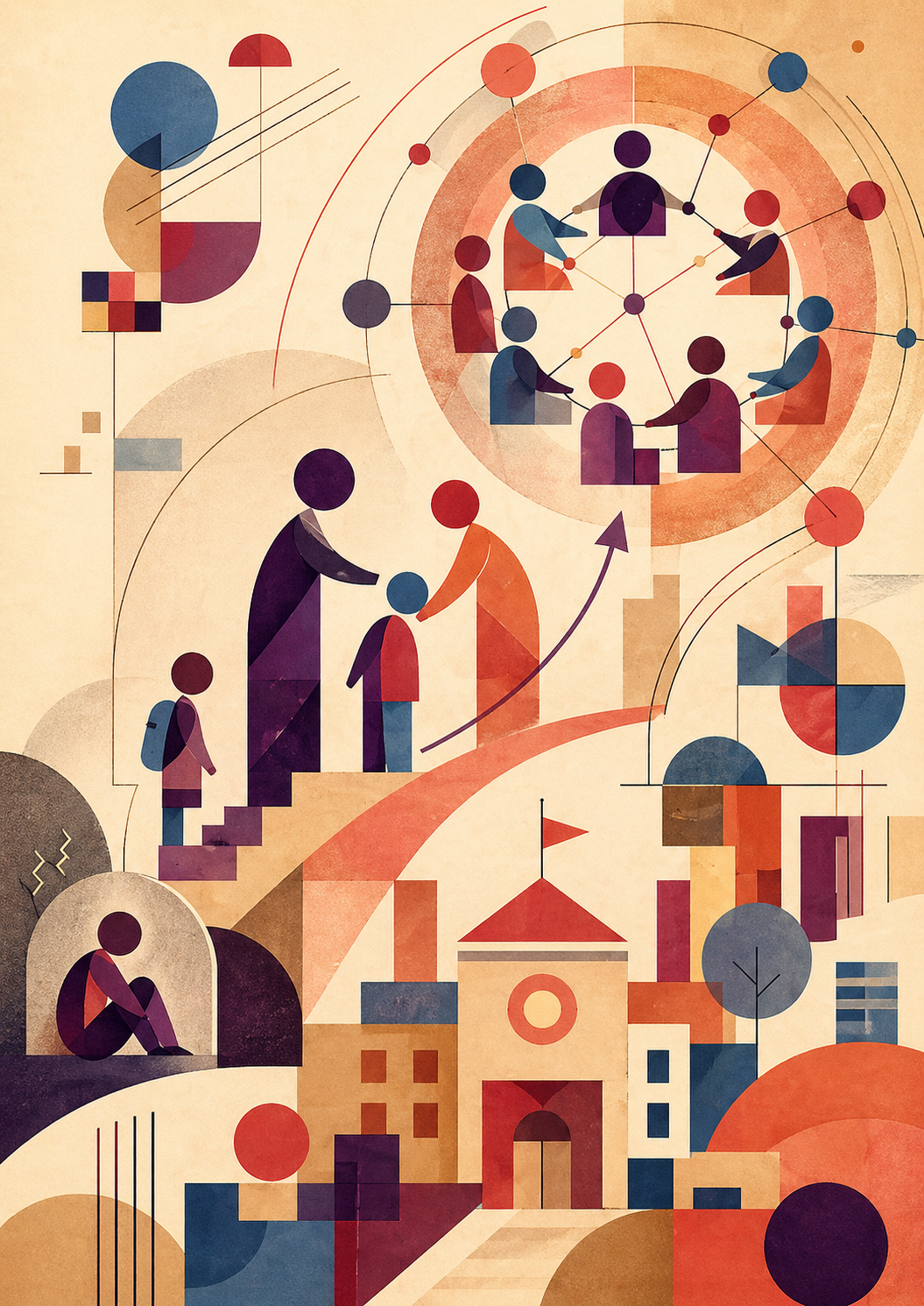 Portrait-format abstract illustration in a warm Bauhaus/Kandinsky-inspired style. A cream paper background is filled with coral, crimson, deep purple, burgundy, slate-blue and beige geometric shapes. At the bottom, a stylised school building is formed from rectangles, arches, circles and triangular roofs. On the lower left, a small isolated student figure sits in a dark arched space, suggesting vulnerability or disengagement. Nearby, another student with a backpack stands on steps.  In the centre, two larger mentor figures lean toward a smaller student, guiding them upward along a broad coral path. Curved arrows and sweeping lines lead from this mentoring scene toward the upper right, where a large circular network contains several abstract human figures arranged in a collaborative group. Thin connecting lines and coloured nodes link the figures, representing a community of practice, shared knowledge and coordinated support.  The image conveys a movement from isolation and hidden risk toward mentoring, confidence, school belonging and collective professional improvement. There are no words, letters or numbers in the image.
