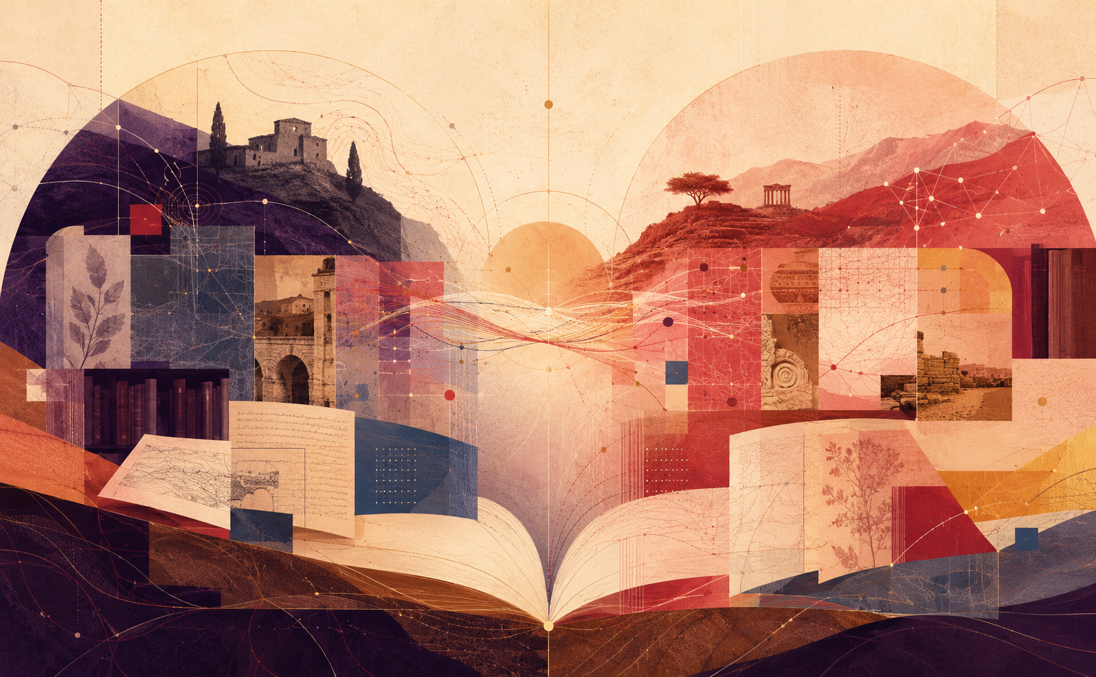 Abstract landscape-oriented illustration showing local heritage, teacher education, and digital place-based learning through layered maps, archival papers, books, architectural fragments, landscape contours, and network lines in warm cream, coral, crimson, aubergine, amber, and muted blue tones.