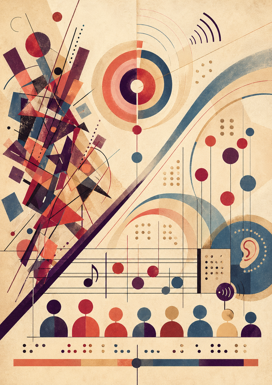 A portrait-format abstract modernist illustration on a warm ivory paper background. On the left, fragmented coral, crimson, teal, and deep purple geometric shapes suggest visual overload and disrupted musical reading. A large diagonal purple line divides this from the more orderly right side, where concentric circles, sound-wave arcs, Braille-like dot clusters, musical staff lines, and abstract note forms suggest a shift toward aural, haptic, and multimodal learning. At the bottom, simplified geometric figures resemble an ensemble or classroom, aligned beneath rhythmic dots and coloured bars. No words or letters appear.