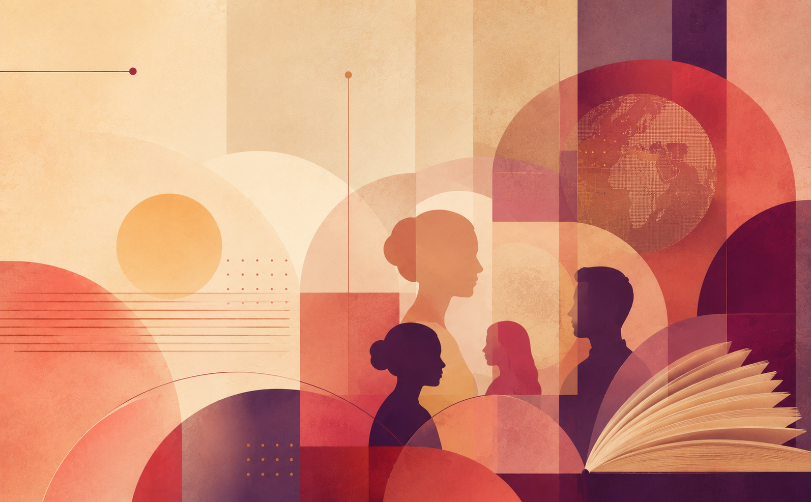 Abstract editorial illustration in a warm literary-sunset palette of cream, coral, crimson, aubergine, amber, and soft apricot. Layered translucent circles, arches, vertical panels, fine lines, and dotted motifs create a paper-textured composition suggestive of education, migration, and inclusion. Several simplified human profiles appear in overlapping silhouettes at the centre, representing teachers and pupils in a multicultural learning context without depicting a literal classroom scene. A faint globe motif in the upper right evokes international mobility and migrant backgrounds, while an open book in the lower right connects the image to teacher education, study, and professional formation. The overall mood is reflective, academic, and inclusive, with a balance between archival warmth and contemporary abstract design.