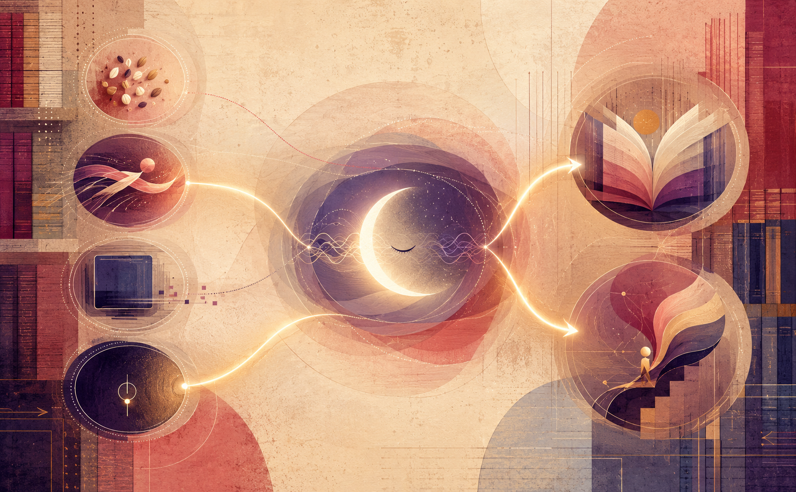An abstract, landscape-oriented illustration in warm cream, coral, crimson, aubergine, amber, dusty rose, walnut brown, and muted blue. Four stylised lifestyle factors appear on the left: seed-like forms suggesting evening diet, flowing ribbons suggesting physical activity, a geometric screen-like shape representing electronic devices, and a dark circular motif suggesting devices being switched off. Curved pathways lead these elements towards a central luminous crescent and closed-eye form symbolising sleep quality. From there, brighter lines continue towards two abstract educational motifs on the right: an open book representing cognitive engagement and an upward-flowing, figure-like form suggesting agency and active participation. Subtle paper textures, book-spine patterns, fine lines, translucent circles, and glowing paths create the atmosphere of a scholarly summer evening in a library, while the overall composition visually conveys sleep quality as a mediator between lifestyle and student engagement.