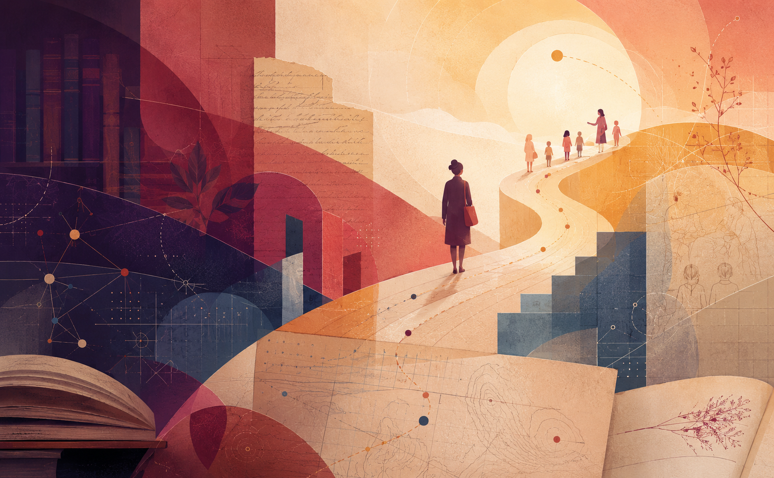 A wide, abstract editorial illustration depicting the choice to enter the teaching profession as a journey between shadow and light. A lone prospective teacher stands on a winding, luminous path that leads toward a bright horizon, where small stylised figures suggest teachers, children, and a learning community. The darker left side contains deep aubergine and muted blue tones, books, archival papers, geometric diagrams, and interconnected nodes, while the brighter right side opens into warm cream, coral, amber, and apricot light. Layered pages, handwritten textures, botanical details, maps, stairs, and dotted trajectories evoke reflection, research, professional identity formation, and persistence. The overall mood is contemplative, literary, hopeful, and intellectually rich.