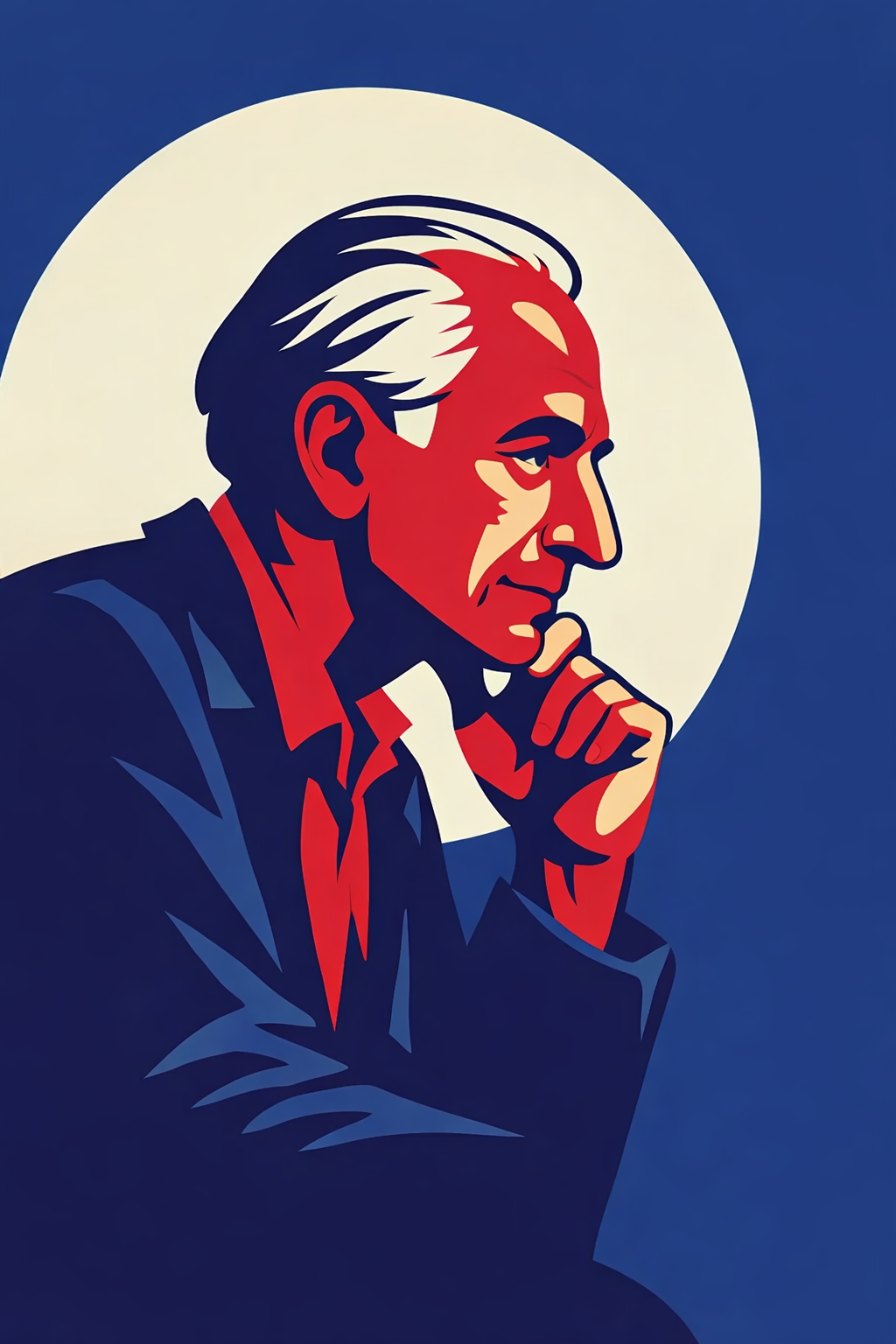 Stylised illustration of the philosopher Ivan Illich in side profile, shown from the chest up, resting his chin on his hand in a thoughtful pose. His face and clothing are rendered in bold, flat shapes using deep red, dark blue, and cream tones. He has a receding hairline with grey hair swept back. A large pale circular shape behind his head evokes a moon or halo, set against a dark blue background. The overall style is minimalist and graphic, with strong contrasts and no fine detail, conveying contemplation and intellectual focus.