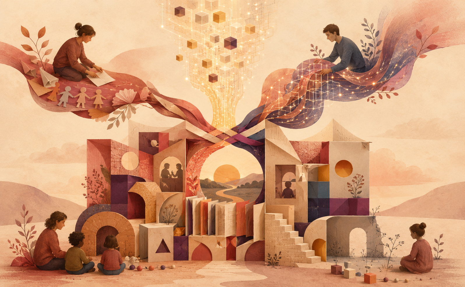 A warm, sunset-toned editorial illustration shows trainee teachers, children, and flowing digital forms converging into a paper-like architectural structure, symbolising the design of lesson plans through collaboration between human teaching practice and generative AI. Handmade paper figures, classroom-like interactions, and glowing geometric cubes suggest strong support for content creation, while quieter, more isolated spaces at the edges hint at the remaining challenges of inclusion and feedback.