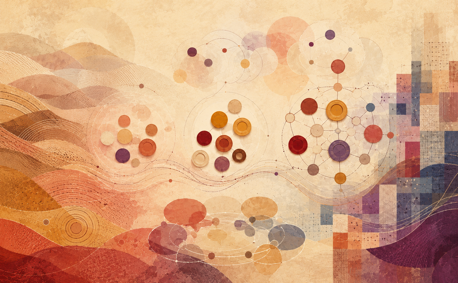 A wide abstract illustration in warm cream, coral, crimson, amber, aubergine, brown, and muted blue. Layered hills and field-like contours on the left suggest a rural setting, while a patchwork of rectangular forms on the right evokes an urban environment. Across the centre, three clusters of coin-like discs become progressively larger and more interconnected, representing children’s increasingly complex understandings of money at different developmental stages. Fine dotted lines, circular paths, overlapping translucent shapes, and flowing bands connect the clusters, suggesting dialogue, exchange, and the culturally situated development of economic ideas. The composition has the textured appearance of aged paper and combines organic landscape forms with geometric structures. No text or recognisable currency appears in the image.
