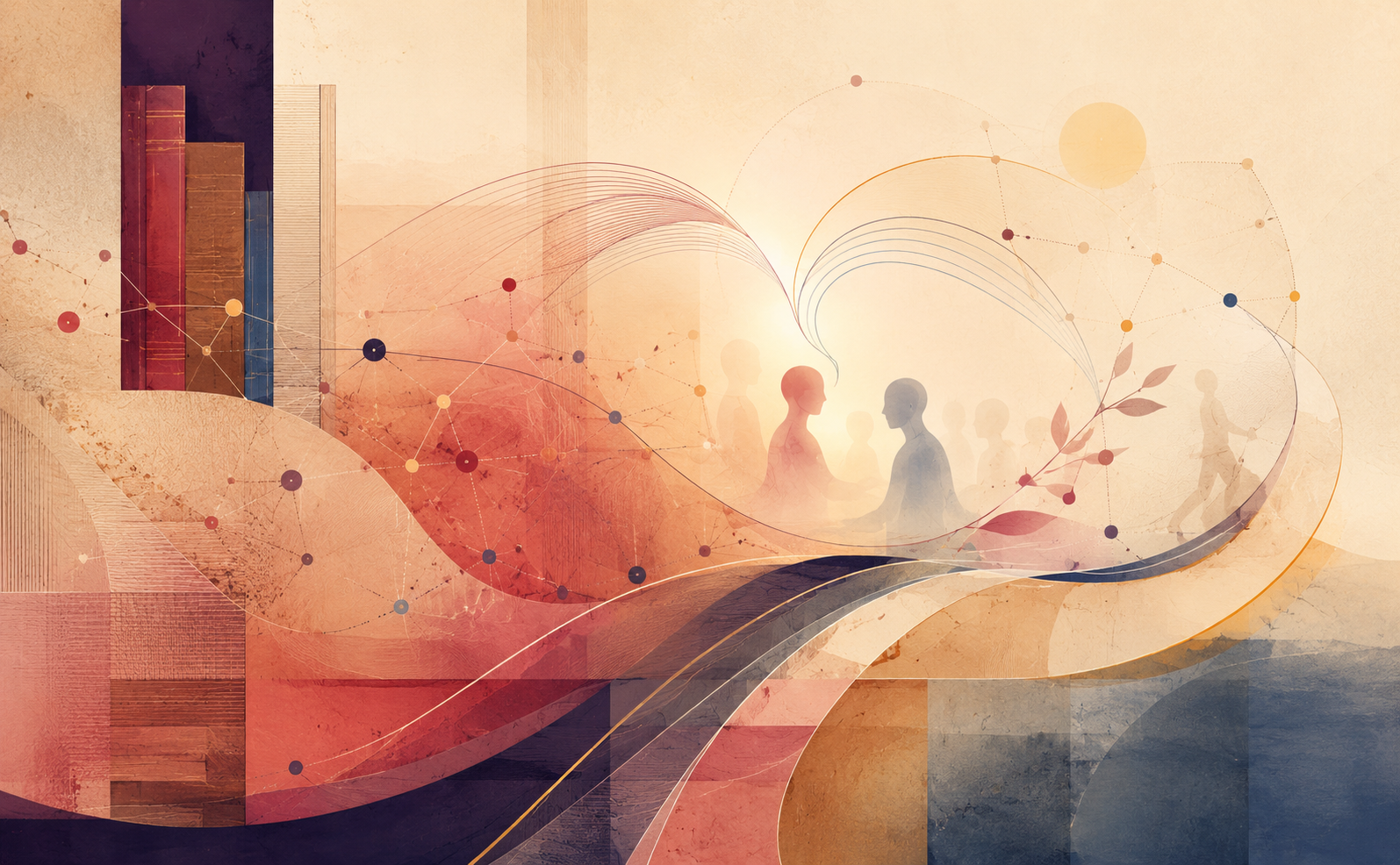 Abstract landscape illustration in warm ivory, coral, crimson and aubergine tones. Flowing ribbons, curved lines and networks of connected coloured dots move from dense, book-like vertical forms on the left towards a bright, open space on the right. At the centre, two translucent human silhouettes face one another, suggesting communication, care and collaboration; faint figures behind them evoke a wider professional or learning community. Layered pathways, soft arcs and subtle movement motifs suggest rehabilitation, development and progress. Paper textures, library-brown details, muted dusk blue and restrained amber highlights create a contemplative, scholarly atmosphere reminiscent of books, archival spaces and summer evening light.
