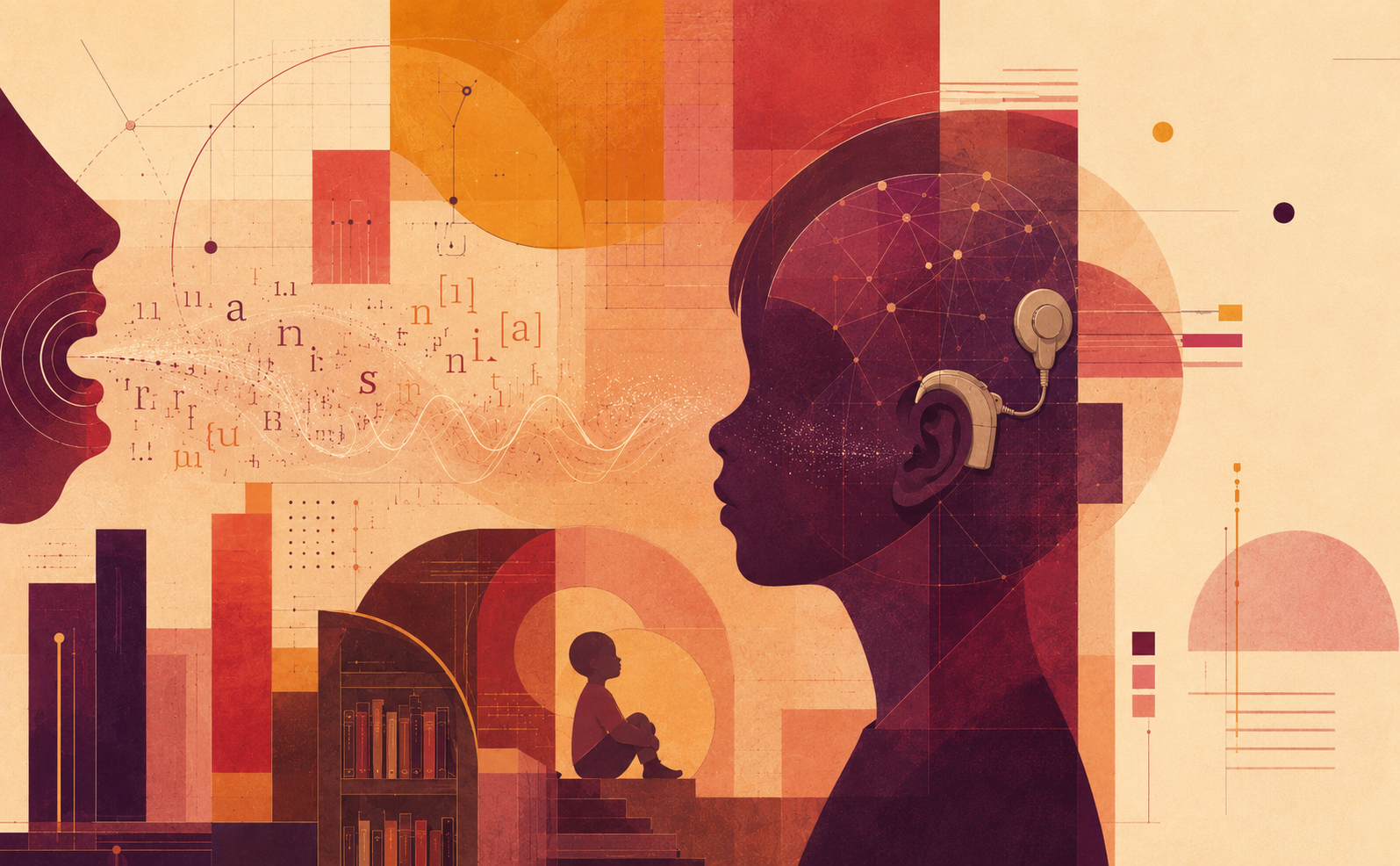 Abstract journal-cover illustration in a warm cream, coral, crimson, amber, and aubergine palette. On the right, a highly stylised child’s side-profile silhouette wears a cochlear implant, shown as an external processor behind the ear connected to a circular coil on the side of the head. From the left, a second abstract speaking profile emits curved sound waves, scattered phonetic symbols, and letter fragments that travel across the image toward the child. Thin lines, dots, neural-network patterns, geometric blocks, and book-like forms suggest spoken language, auditory processing, cognitive effort, learning, and educational accessibility. The composition has a literary, sunset-toned modernist style, with archival paper textures and subtle library references.