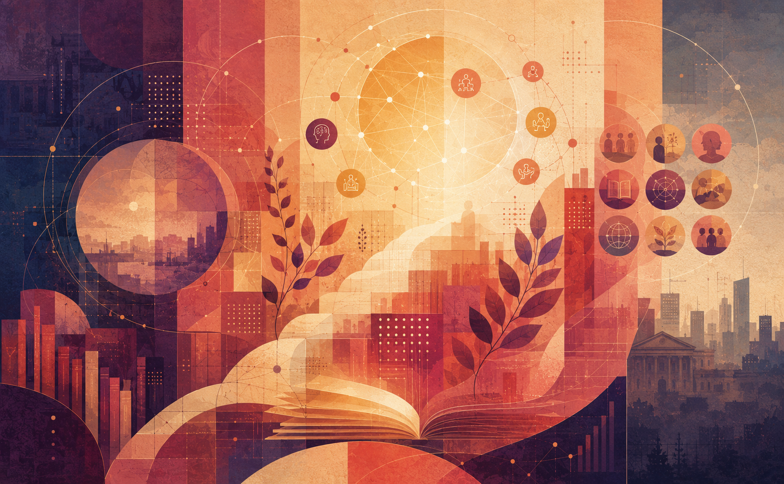 Abstract editorial illustration in a warm literary-sunset palette of cream, coral, crimson, aubergine, amber, dusty rose, walnut brown, and muted dusk blue. An open book at the lower centre unfolds into luminous curved pathways and layered geometric forms that rise towards a bright circular network of interconnected nodes, suggesting professional growth, digital learning, and an educational ecosystem. Around it, subtle icons, grids, bookshelves, foliage, architectural silhouettes, and distant urban forms evoke hybrid schooling, inclusion, accessibility, personalisation, and institutional context. The glowing, coherent centre contrasts with darker outer margins, hinting at the tension between teachers’ professional development and inadequate societal recognition.