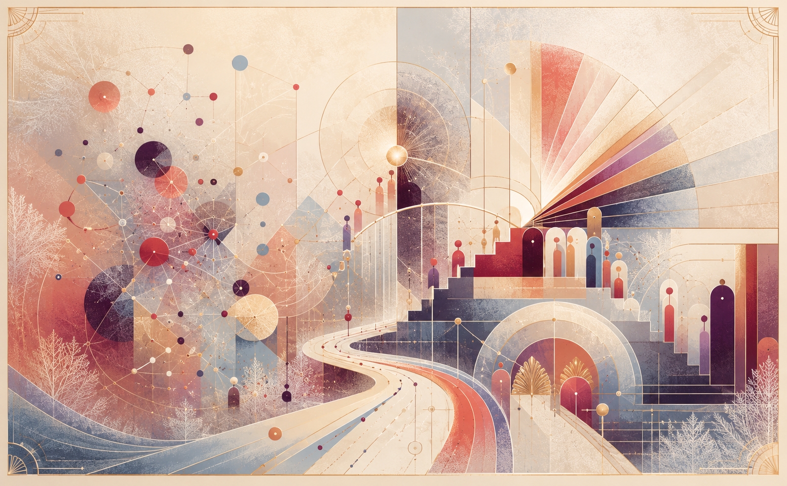 Abstract Art Deco composition showing a transition from dense, interconnected complexity to structured pathways and geometric forms, symbolising simplex didactics, inclusion, and adaptive learning.