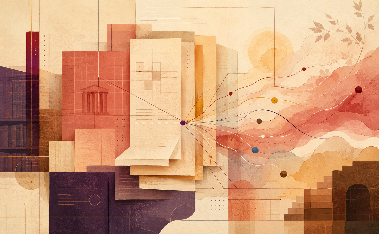 A wide abstract composition in warm ivory, coral, crimson, aubergine, amber, dusty rose, walnut brown, and muted blue. Layered paper-like panels, grids, book-spine forms, and architectural motifs suggest policy documents and curriculum structures. From a central purple point, fine coloured lines branch into flowing, organic shapes, representing teachers interpreting and translating formal guidelines into professional practice. Slightly misaligned layers evoke the gap between prescription and awareness, while the overall movement remains coherent and constructive. Subtle paper textures, shelving details, a pale sunset disc, and botanical forms create a contemplative library-at-dusk atmosphere.