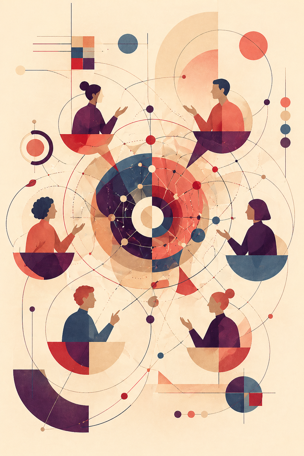 Abstract portrait illustration with six stylised figures debating around a central geometric network of circles, arcs and connecting nodes, suggesting complex knowledge, dialogue and university learning.
