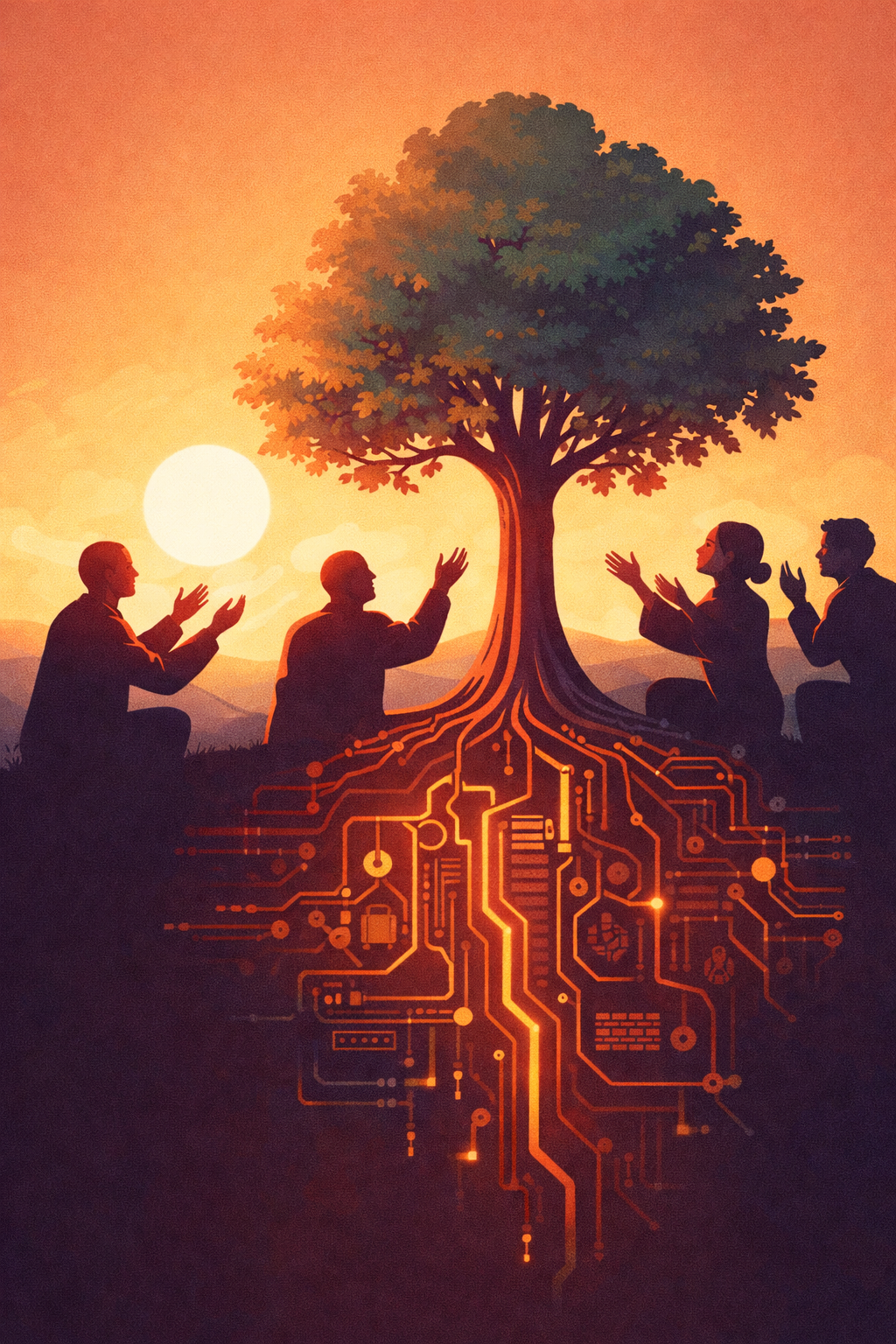 Four people worshipping a tree as something natural, unaware that it has robotic roots