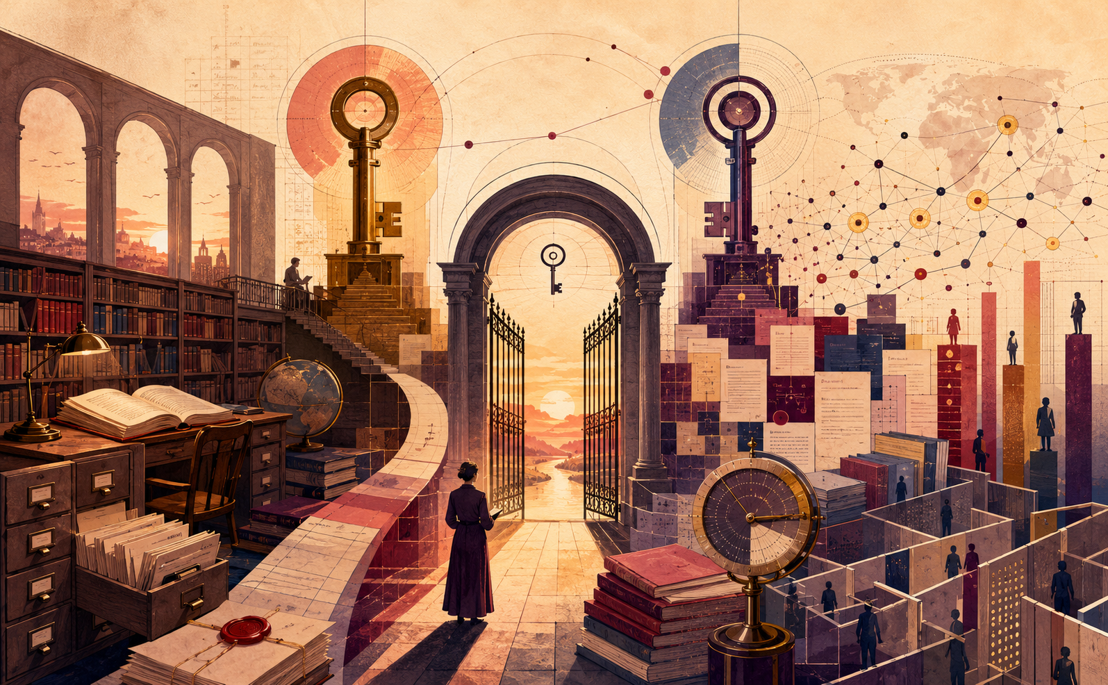 A sunset-lit library opens onto a symbolic gate of knowledge, with books, keys, citation networks, ranking columns, and archival documents representing scholarly gatekeeping and bibliometric power.