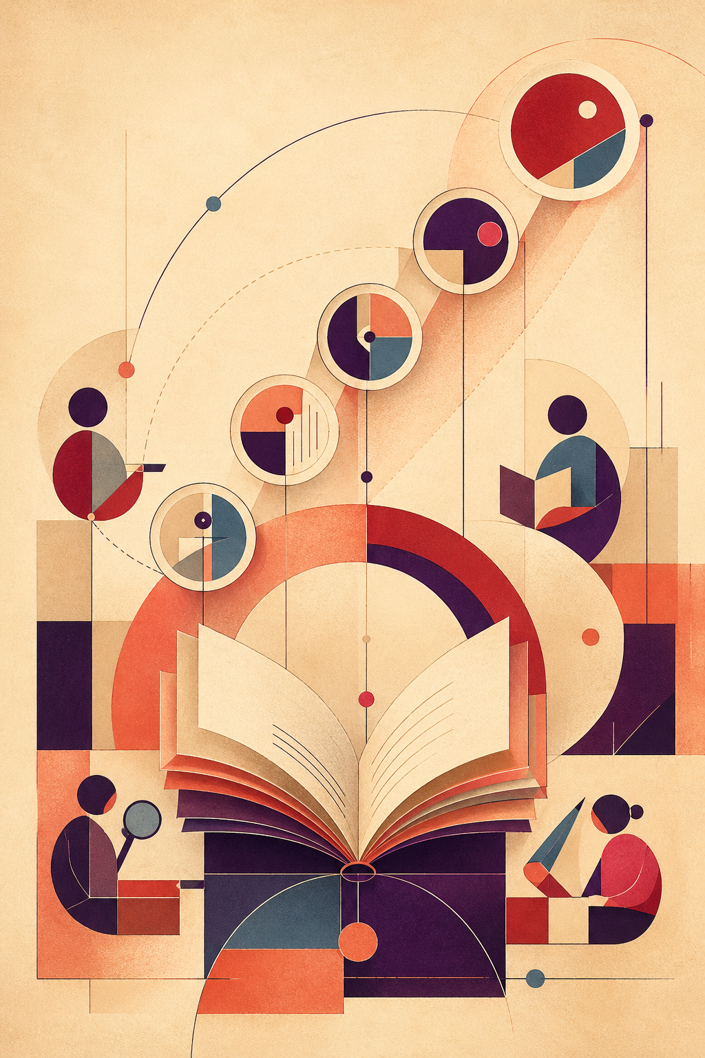 Abstract Bauhaus-style illustration on a warm cream background. An open book at the centre releases five ascending circular geometric forms, suggesting growth across time. Minimal abstract figures around it evoke authors, readers, reviewers, and editors, with coral, crimson, aubergine, plum, and muted teal accents.