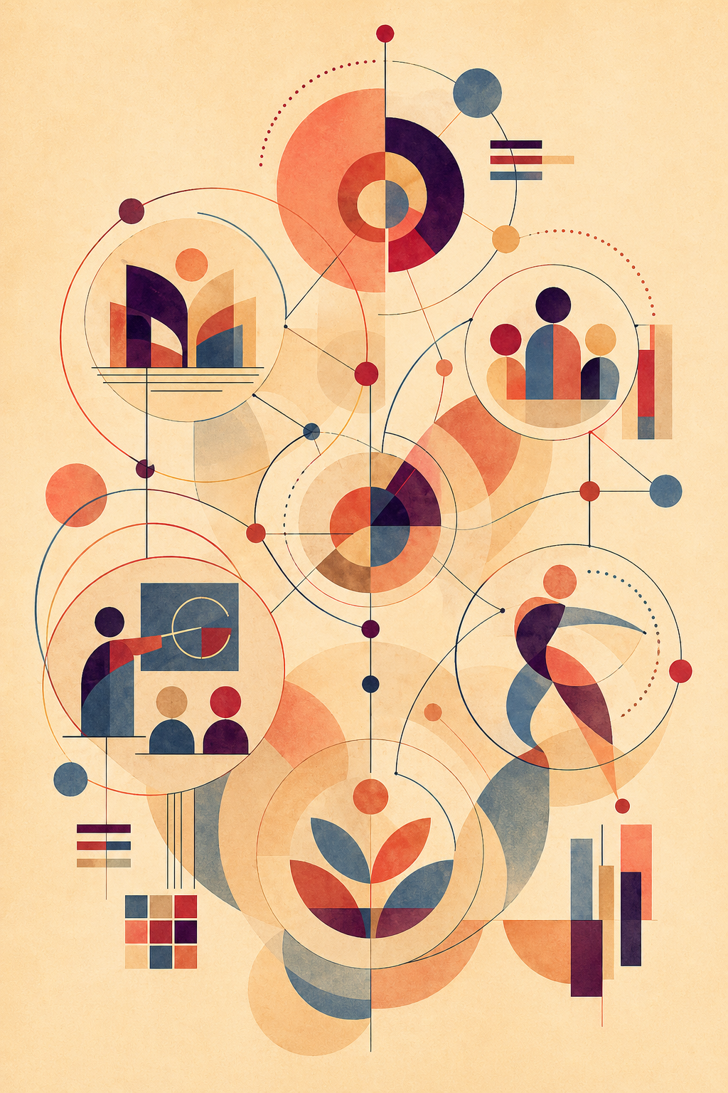 Abstract portrait illustration on a warm cream background, composed of interconnected circles, arcs, lines, and geometric clusters in coral, crimson, aubergine, plum, muted teal-blue, and beige. The forms suggest multiple educational voices in dialogue, with visual references to teaching, community, movement, growth, and shared knowledge.