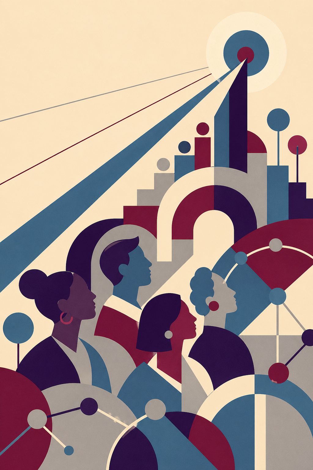 A portrait-oriented abstract illustration in a restrained Bauhaus-inspired style. A group of stylised teacher profiles appears in the lower half of the image, surrounded by arches, circles, connecting lines, and ascending geometric structures. The composition suggests a professional community building society from the bottom up. The palette is limited to cream, deep purple, burgundy, muted grey, and slate blue.