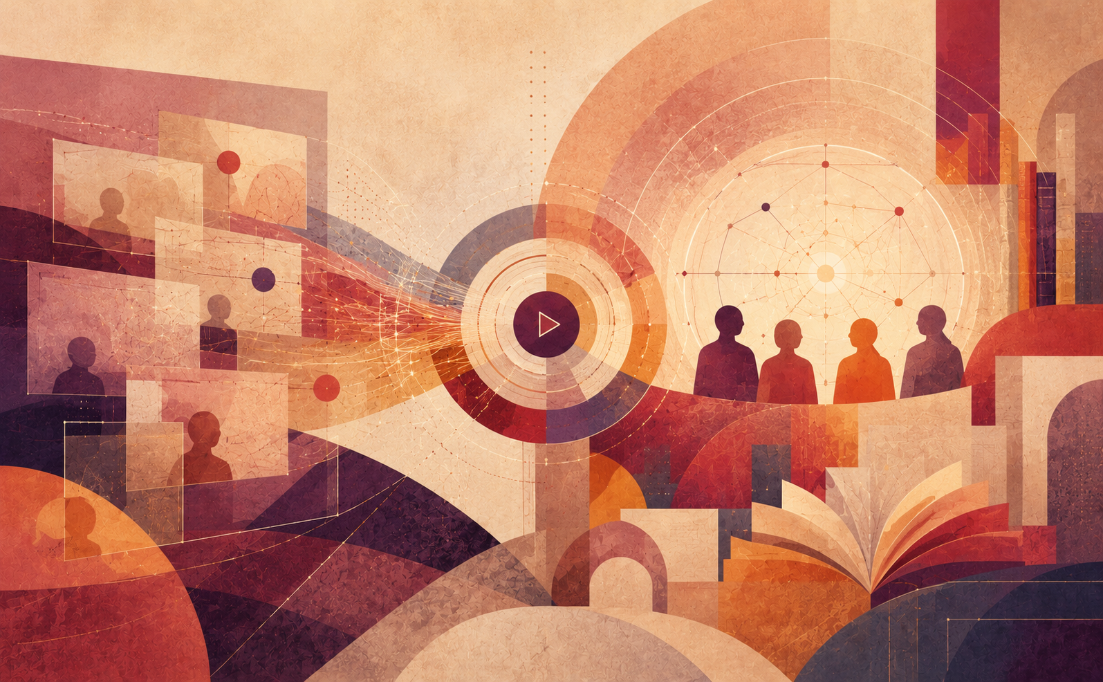 Abstract warm-toned cover illustration with layered video-frame panels, a central play-button lens, connecting lines, simplified human silhouettes, book-page forms, and circular diagrams, symbolising video analysis, collaborative reflection, and the convergence of professional viewpoints in teacher education.