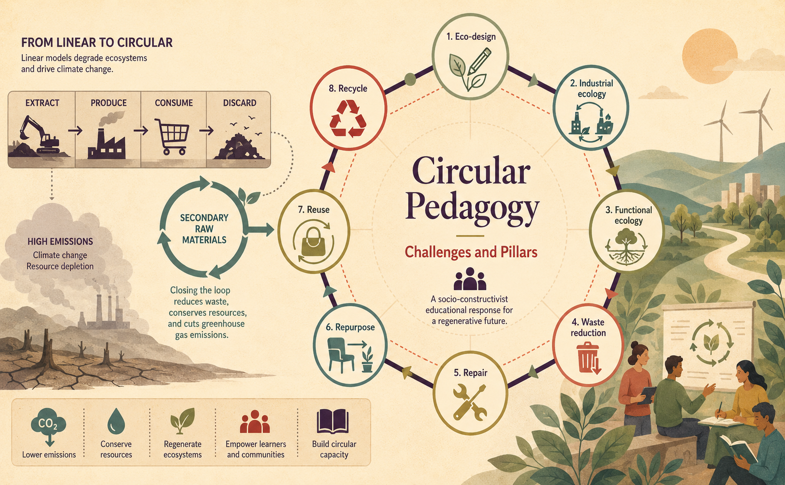Illustration of circular pedagogy showing the shift from extract-produce-consume-discard to a circular model, with eight educational pillars arranged around a regular octagon.