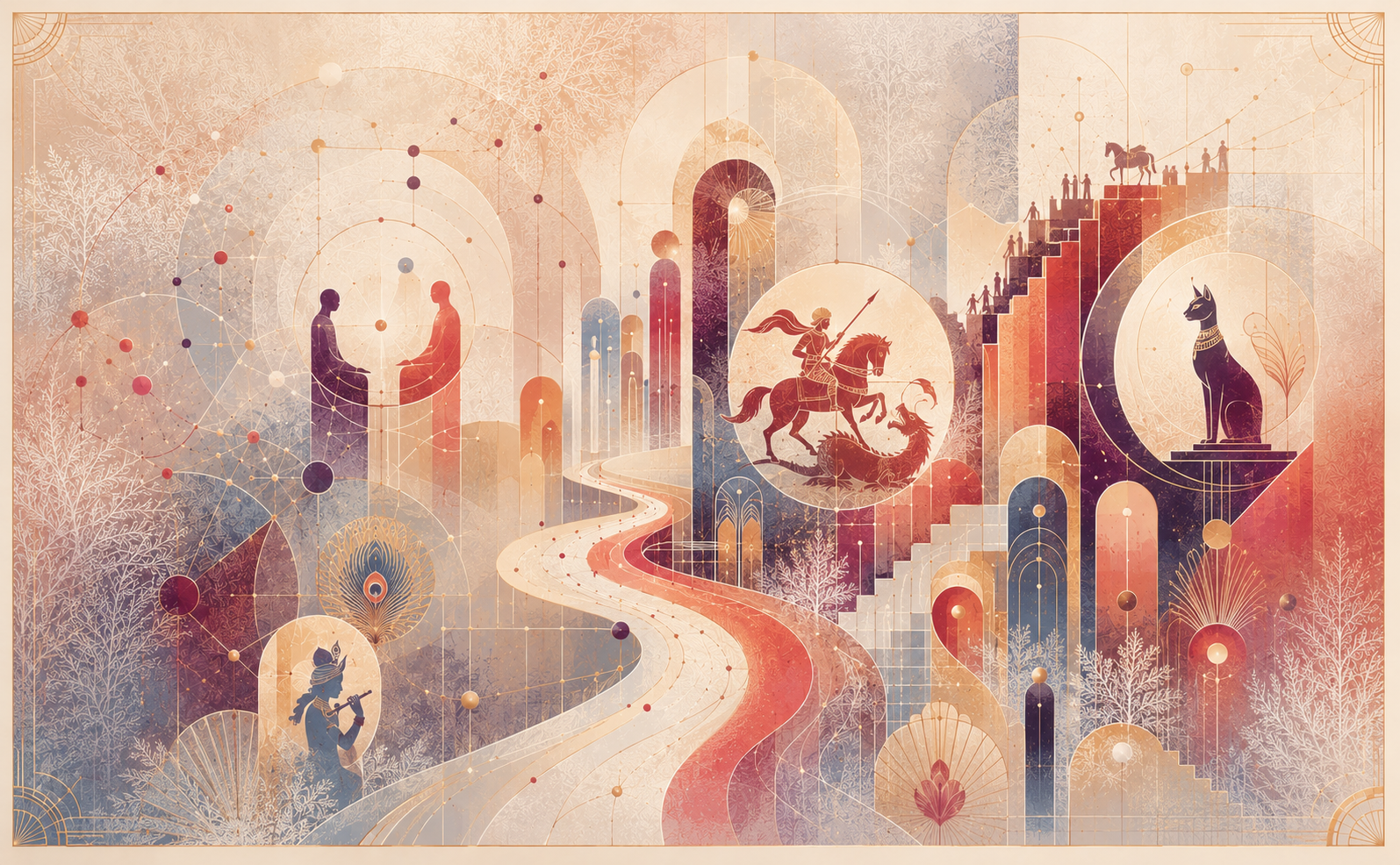 A winter-toned Art Deco landscape where a winding path links philosophical dialogue with symbolic figures of Saint George, Krishna, the Asgard wall, and Bastet.