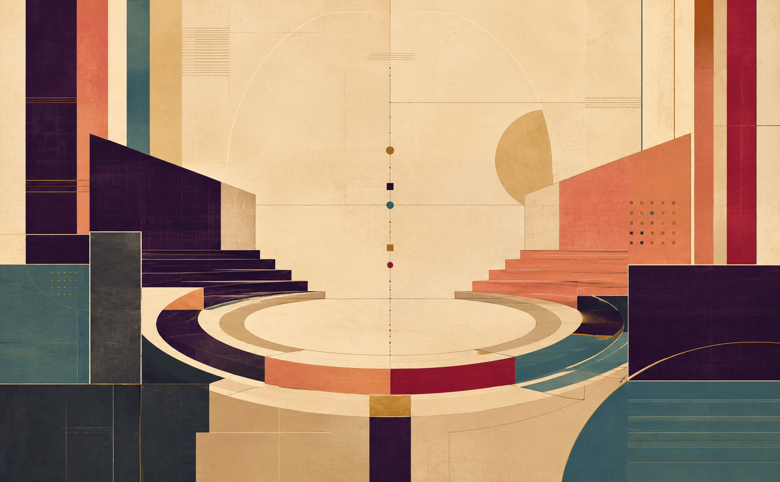 Abstract civic-modernist composition evoking regulated debate through opposing stepped architectural forms, forum-like arcs, vertical bands, and a central open circular space, using warm ivory, coral, crimson, aubergine, teal, slate, and brass tones.