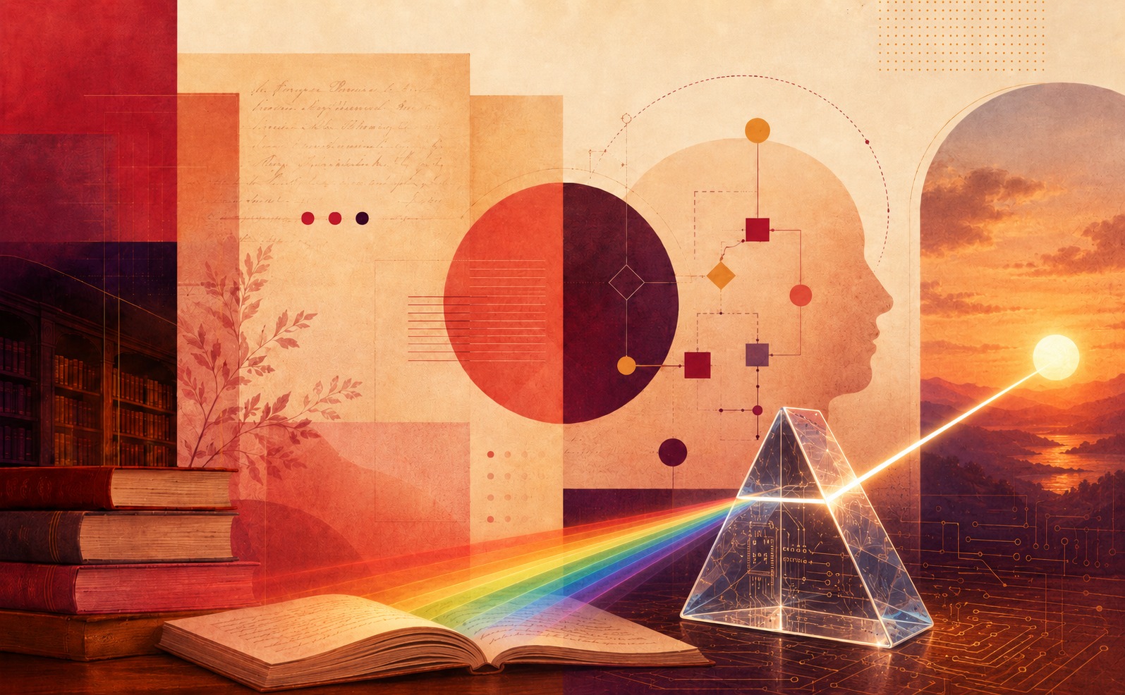 A wide, abstract editorial illustration in warm cream, coral, crimson and deep aubergine tones. On the right, a setting sun sends a narrow white beam towards a transparent triangular prism containing circuit-board patterns. The prism separates the light into a rainbow spectrum that extends leftwards across the pages of an open book. Stacked books and dark library shelves occupy the lower-left corner, while the background combines translucent geometric panels, archival handwriting, botanical silhouettes, diagrams and a simplified human profile. The image evokes the transparent integration of artificial intelligence into systematic review methodology, connecting human judgement, digital processes, scholarly literature and the metaphor of light passing through a prism.