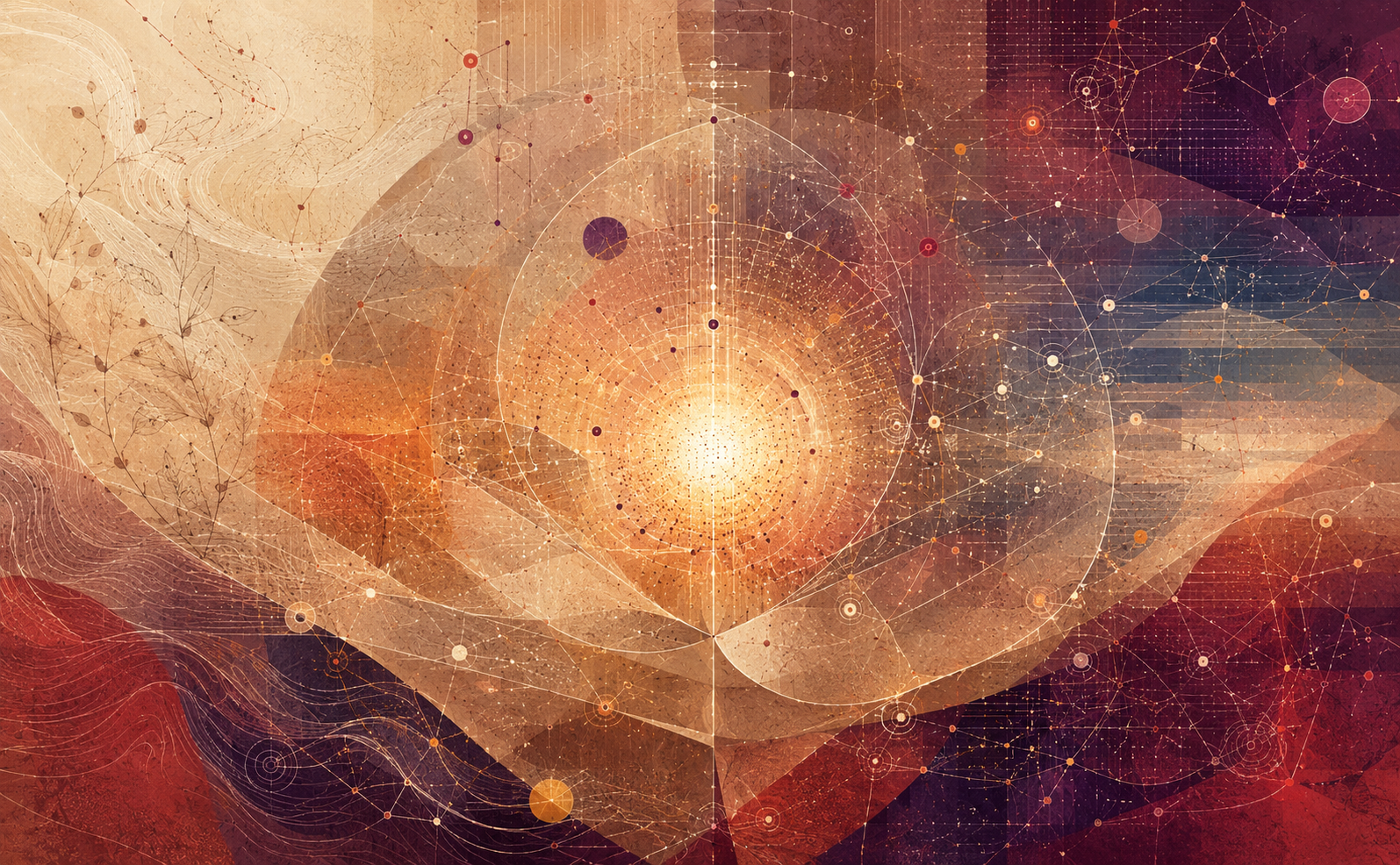 A wide abstract composition in warm cream, coral, crimson, amber, and deep aubergine tones depicts an interconnected ecology of organic, archival, and computational forms. At the centre, an intense golden-white glow radiates through concentric circles, fine vertical lines, and clusters of small dots, suggesting the emergence and documentation of knowledge.  Three translucent, overlapping currents curve around this luminous core. Their layered vellum-like surfaces evoke pages or archival materials without forming a literal book. Organic contour lines, delicate botanical traces, and flowing textures merge with geometric grids, circular diagrams, and networks of connected nodes. These elements are distributed throughout the composition rather than separated into distinct natural and technological regions.  The left side is lighter and more tactile, with cream paper textures and faint plant-like forms. The lower and right areas deepen into coral, crimson, plum, and aubergine, crossed by undulating lines and intricate constellations of data-like points. A restrained band of muted blue-grey appears toward the upper right, adding a cool evening counterpoint.  The image conveys an integrated post-digital ecosystem in which embodied experience, augmented mediation, and algorithmic structures converge around a generative centre. There is no text and no human figure.