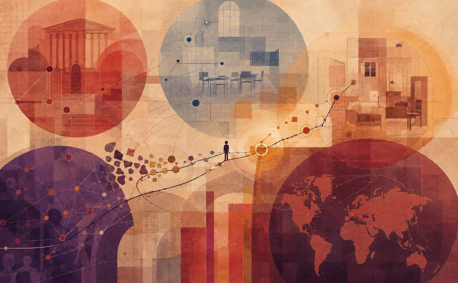 Abstract editorial illustration in warm cream, coral, crimson, aubergine, amber, and muted blue. A solitary human figure follows a branching path through overlapping circular fields representing legal, educational, residential, informal, and transnational systems. Institutional architecture, classroom furniture, domestic interiors, network nodes, fragmented shapes, and a world map suggest reception structures, unequal recognition of capital, and the interaction between personal trajectories and institutional rules. No text appears in the image.