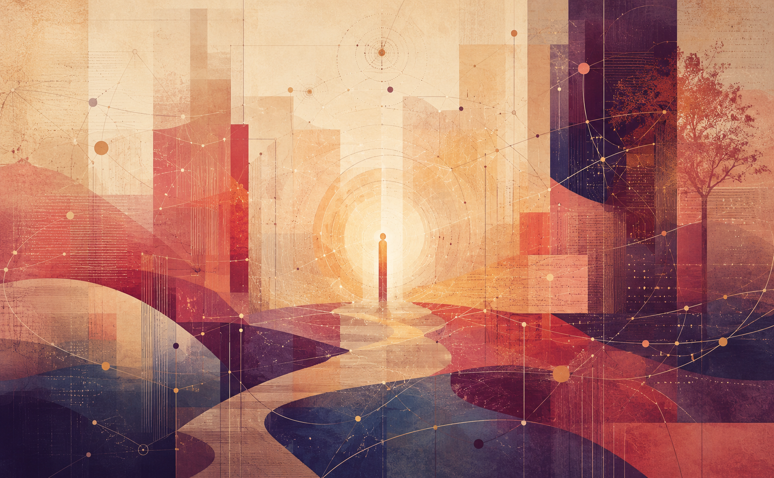 A wide abstract composition in warm cream, coral, crimson, aubergine, amber, and muted blue. Layered translucent rectangles and curved bands resemble pages, pathways, and architectural spaces. Fine lines and coloured nodes form an immersive network across the image. At the centre, a slender, featureless vertical figure stands within a luminous circular halo, suggesting human presence, orientation, and agency emerging inside a complex technological environment. Paper-like textures, faint diagrams, and bookish vertical forms create a contemplative archival atmosphere.